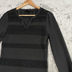 Lucky Brand Grey Crochet Lace Stripe Top - M Split Neck Boho Grunge Whimsygoth